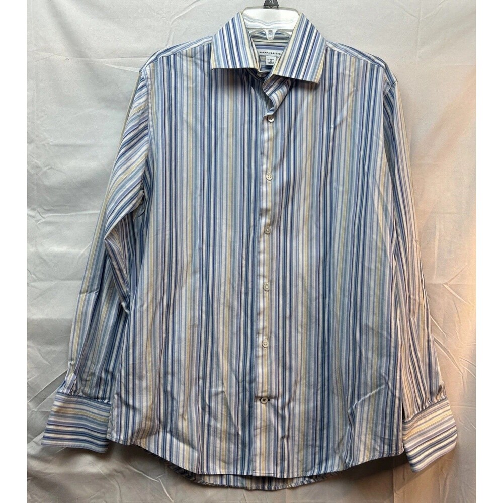 Banana Republic Men’s M 15-15.5 Blue Yellow Striped Dress Shirt 100% Cotton